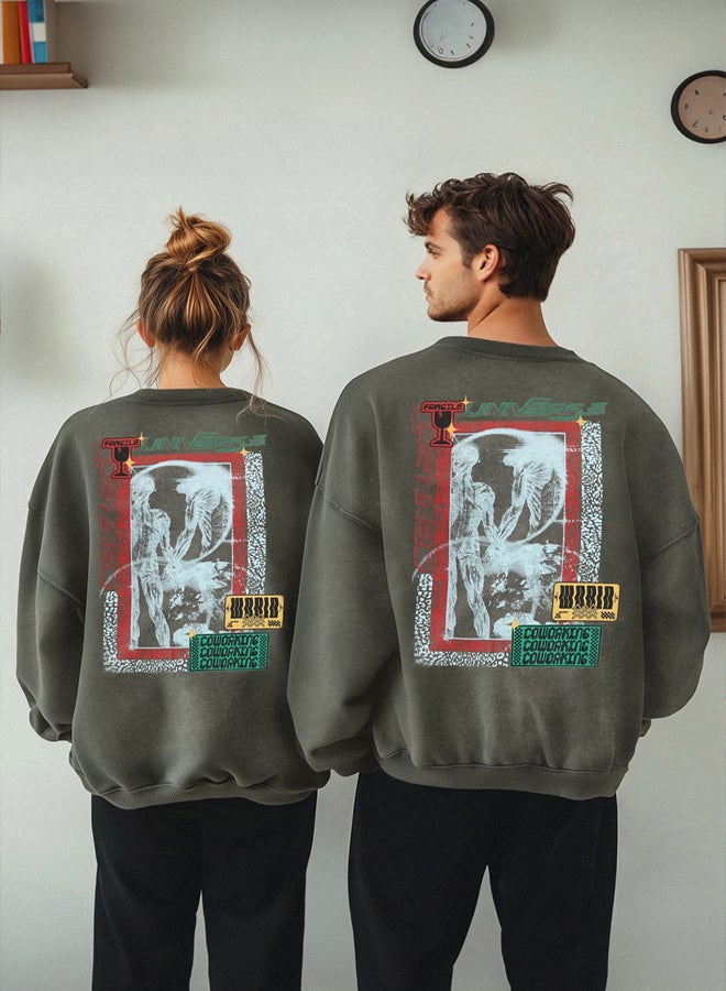 trendyol Brown Oversize/Wide Cut Distressed/Faded Effect Printed Unshaded Sweatshirt - Image 1