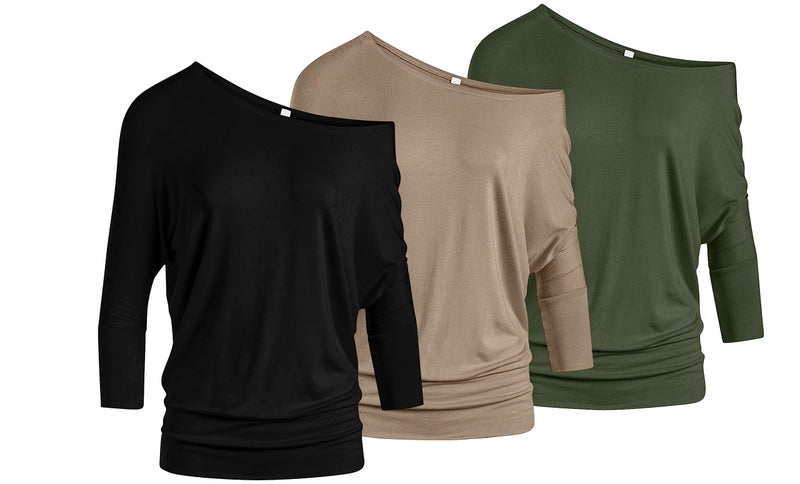 Simlu 3 Pack Dolman Tops for Women Off The Shoulder Tops Banded Waistband Shirts 3/4 Sleeves Regular and Plus Size Tops Value Pack Black, Khaki, Olive 3X-Large - Image 1