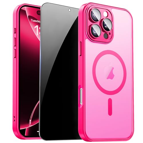 ZOZDOKG for iPhone 16 Pro Max Case with Privacy Screen Protector and Camera Protection Compatible with MagSafe Magnetic Matte Shockproof Phone Cover for iPhone 16 Pro Max Women/Girls, Hot Pink - Image 1
