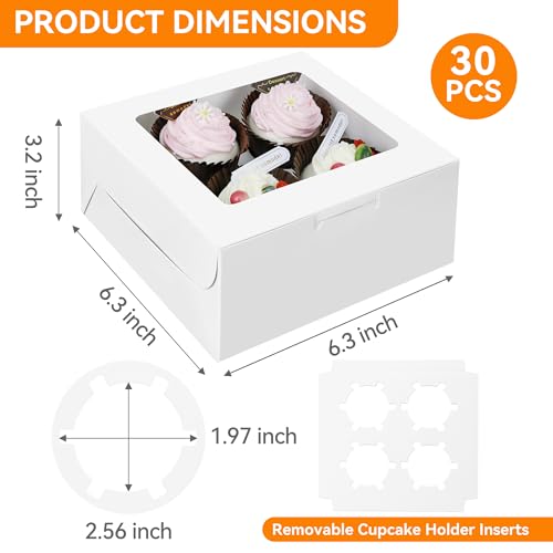 MonYouGe 30-Set Cupcake Boxes Bulk with Clear Display Window Hold 4 Standard Cupcakes, Disposable Food Grade White Cupcake Carrier Cupcake Container, Perfect for Cupcakes Muffins Cookies Pastries - Image 2