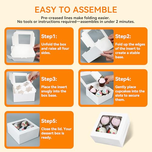 MonYouGe 30-Set Cupcake Boxes Bulk with Clear Display Window Hold 4 Standard Cupcakes, Disposable Food Grade White Cupcake Carrier Cupcake Container, Perfect for Cupcakes Muffins Cookies Pastries - Image 4