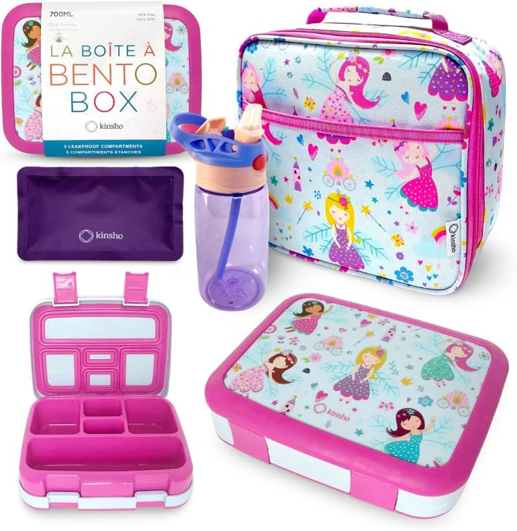 Bento Box Lunch Bag Ice Pack Water Bottle Set for Kids  5 Compartments Removable Tray Lunches or Snack Container Girls Toddlers Daycare PreSchool Kindergarten Pink Purple Fairy Princess