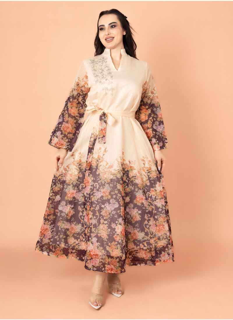 IKKXA Floral Belted Embroidery Jalabiya Purple  - Image 1