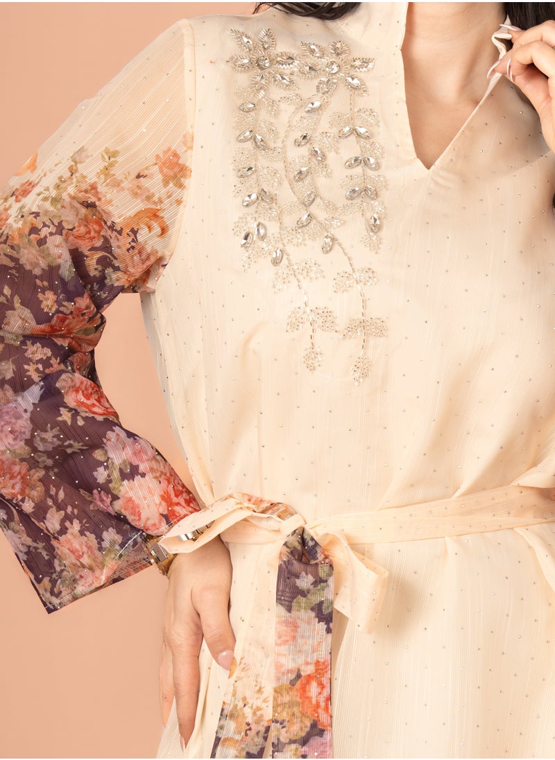 IKKXA Floral Belted Embroidery Jalabiya Purple  - Image 2