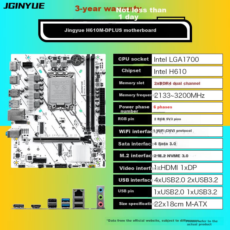 JD Jing Zao Jingyue H610M-D PLUS Motherboard, 1700-Pin DDR4 Memory, Gaming Motherboard for I3 12100F/12400F/13400F, Intel H610 Motherboard/LGA 1700 - Image 1