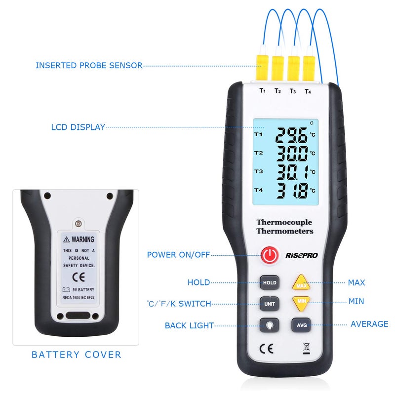 RISEPRO Thermocouple Thermometer, 4 Channel K Type Digital Thermometer Thermocouple -200~1372°C/2501°F Sensor HT-9815 - Image 3