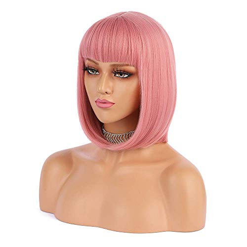 eNilecor Short Hair Wig 12 Straight Flat Bangs Short Bob Hair Candy Color Synthetic Wigs Natural As Real Hair Pink - Image 1
