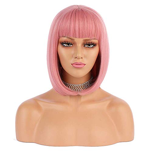 eNilecor Short Hair Wig 12 Straight Flat Bangs Short Bob Hair Candy Color Synthetic Wigs Natural As Real Hair Pink - Image 3