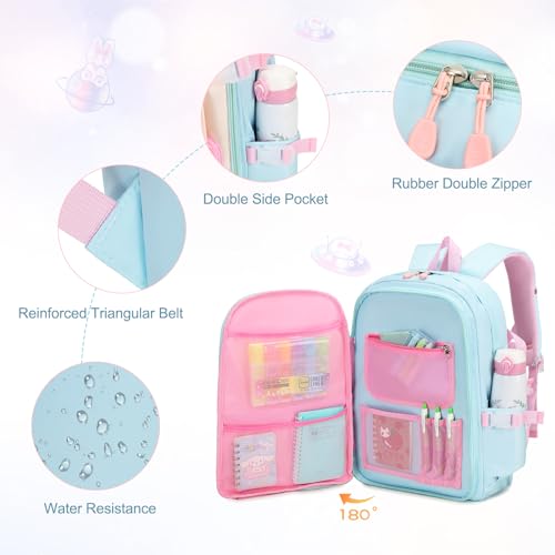 FIXITOK Girls Backpack Set, 3PCS Kids Backpack for Girls, Kawaii Bunny School Backpacks for Girl Kindergarten Elementary Preschool Middle School Bags with Lunch Box Pencil Case Aquamarine - Image 5