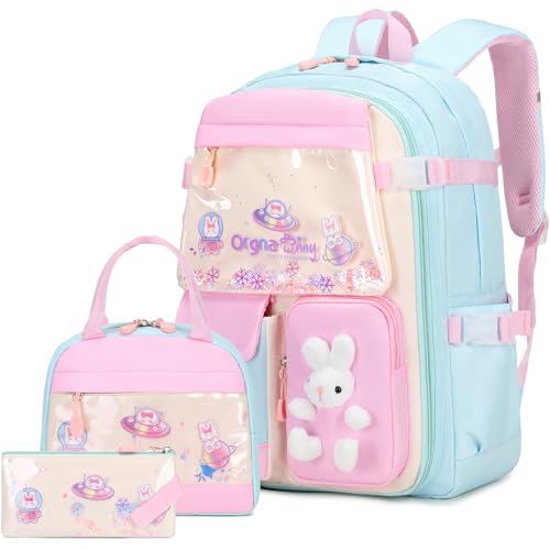 FIXITOK Girls Backpack Set, 3PCS Kids Backpack for Girls, Kawaii Bunny School Backpacks for Girl Kindergarten Elementary Preschool Middle School Bags with Lunch Box Pencil Case Aquamarine - Image 1