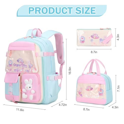 FIXITOK Girls Backpack Set, 3PCS Kids Backpack for Girls, Kawaii Bunny School Backpacks for Girl Kindergarten Elementary Preschool Middle School Bags with Lunch Box Pencil Case Aquamarine - Image 2