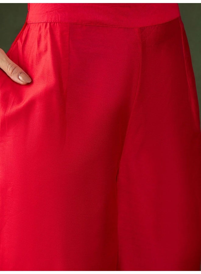 AKS Red Chanderi Digital Print Kurta Set With Dupatta And Heavy NeckDetails - Image 3