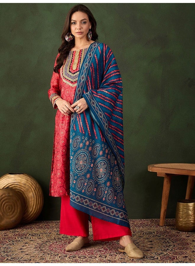 AKS Red Chanderi Digital Print Kurta Set With Dupatta And Heavy NeckDetails - Image 1