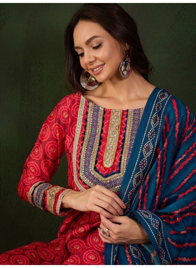 AKS Red Chanderi Digital Print Kurta Set With Dupatta And Heavy NeckDetails - Image 2