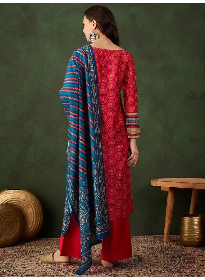 AKS Red Chanderi Digital Print Kurta Set With Dupatta And Heavy NeckDetails
