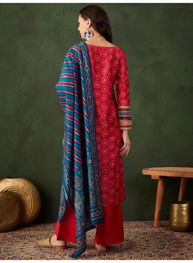 AKS Red Chanderi Digital Print Kurta Set With Dupatta And Heavy NeckDetails - Image 4