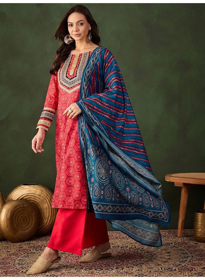 AKS Red Chanderi Digital Print Kurta Set With Dupatta And Heavy NeckDetails - Image 5