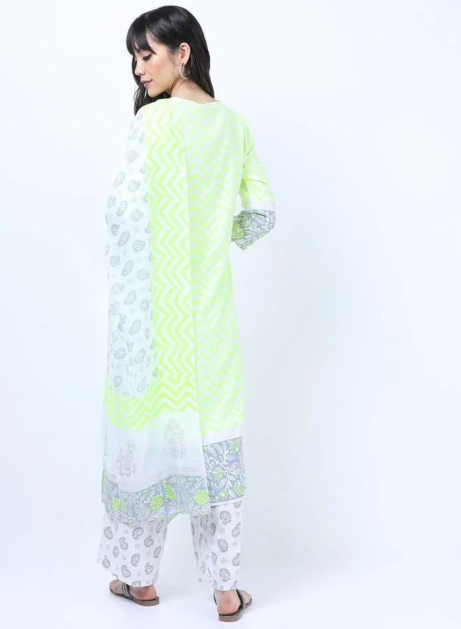 Vishudh Pack of 3 - Floral Yoke Design Empire Kurta, Trousers & Dupatta by Styli