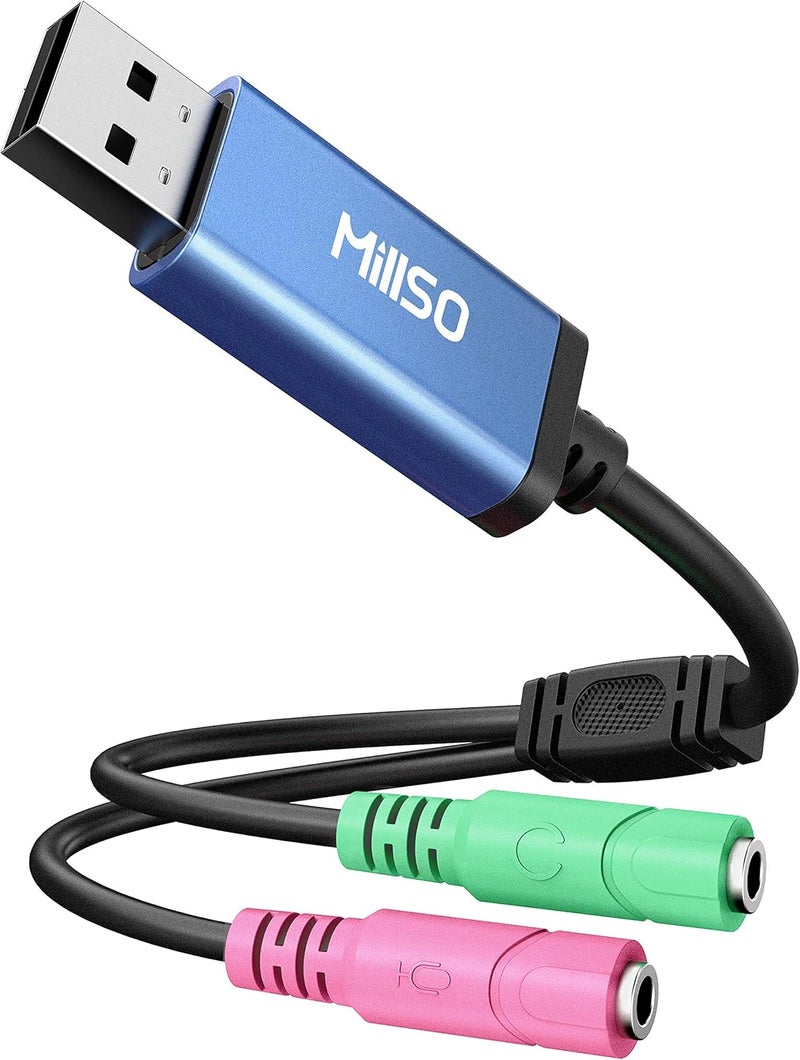 MillSO USB Audio Adapter Stereo External Sound Card, USB to 3.5mm TRS Headphone + Microphone Audio Jack Splitter for Dual-Plug Gaming Headset to Laptop, Desktop, PC, PS4, PS5 [Built_in Chip - 1 FT] - Image 1