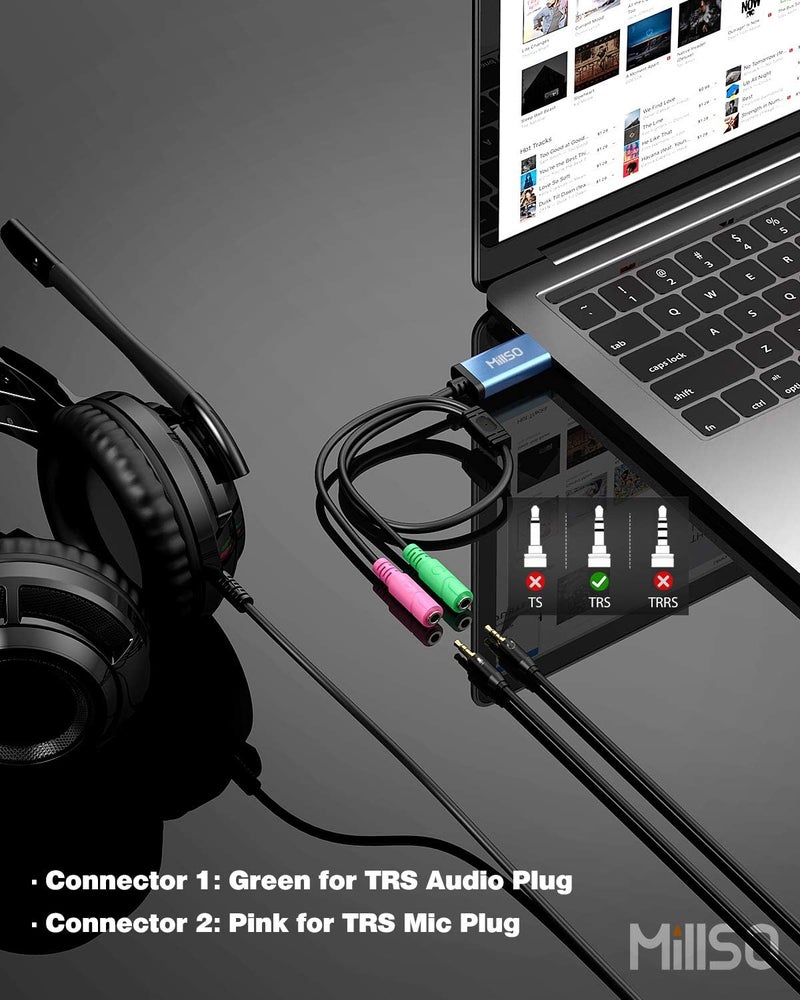 MillSO USB Audio Adapter Stereo External Sound Card, USB to 3.5mm TRS Headphone + Microphone Audio Jack Splitter for Dual-Plug Gaming Headset to Laptop, Desktop, PC, PS4, PS5 [Built_in Chip - 1 FT] - Image 2