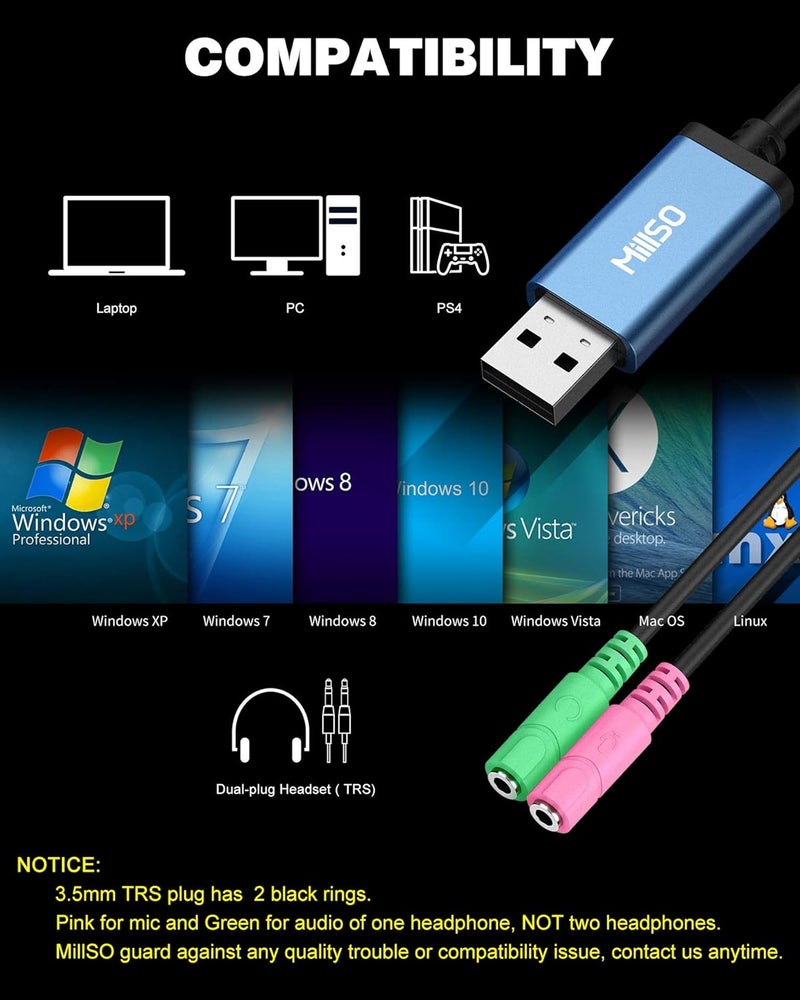 MillSO USB Audio Adapter Stereo External Sound Card, USB to 3.5mm TRS Headphone + Microphone Audio Jack Splitter for Dual-Plug Gaming Headset to Laptop, Desktop, PC, PS4, PS5 [Built_in Chip - 1 FT] - Image 5