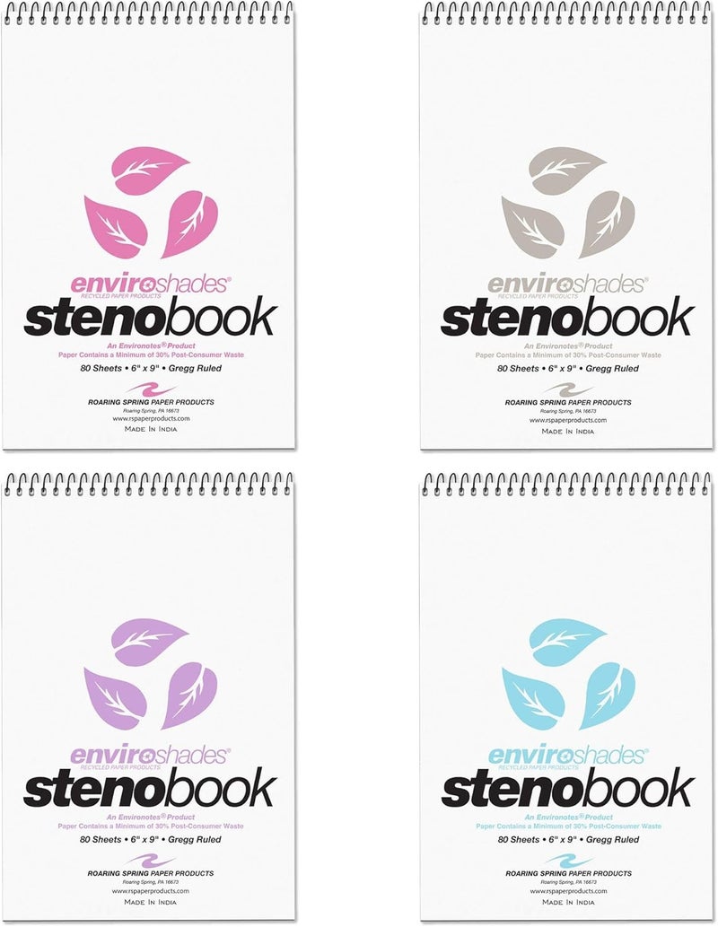 Roaring Spring Enviroshades Colored Steno Books, 4 Pack of Memo Pads, Assorted Colors, Recycled Paper, 6" x 9", 80 Sheets, Gregg Ruled, Perforated, Wirebound, Heavy Chipboard Back - Image 1