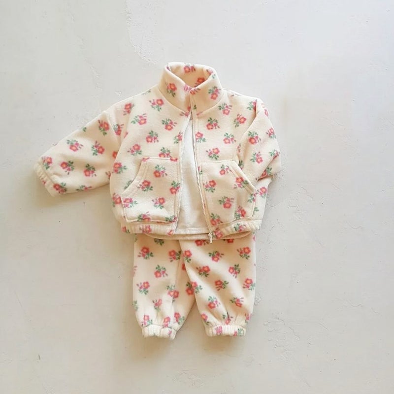 Kids Fashion Zip-Up Fleece Jacket and Pants Set Apricot bottom red flower suit 