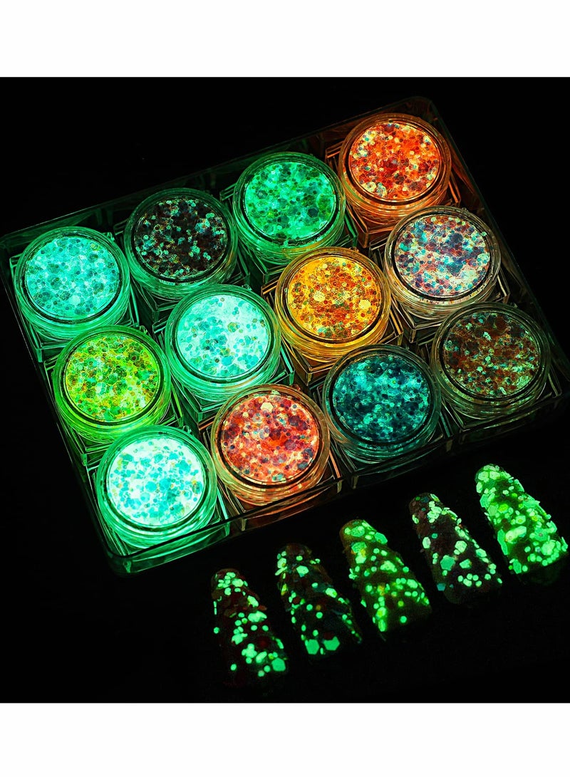 Glow in The Dark Body Face Glitter Gel, 12 Colors Luminous Iridescent Chunky Glitter, Self-Adhesive UV Black Light Glitter for Body/Face/Hair/Eyeshadow, Glitter for Carnival Party Makeup - Image 1