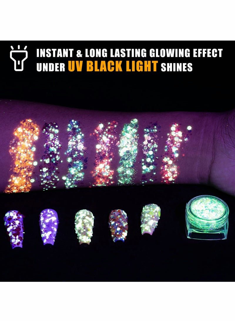 Glow in The Dark Body Face Glitter Gel, 12 Colors Luminous Iridescent Chunky Glitter, Self-Adhesive UV Black Light Glitter for Body/Face/Hair/Eyeshadow, Glitter for Carnival Party Makeup - Image 3