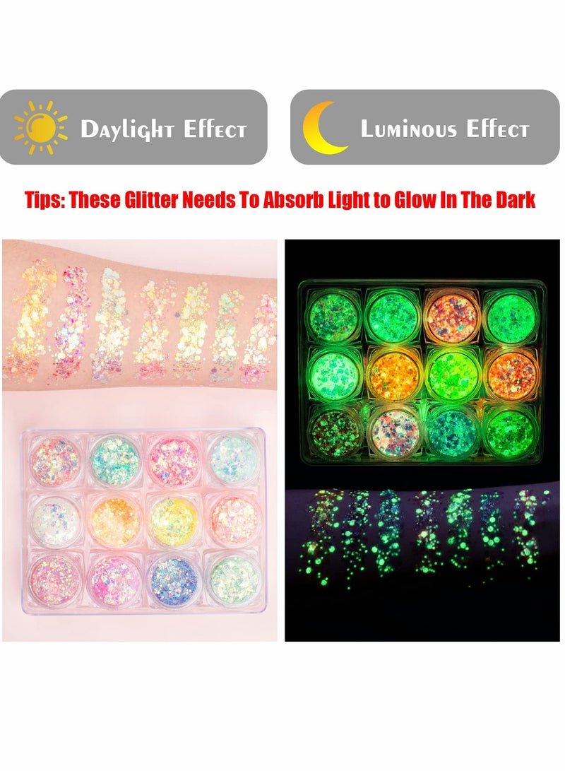 Glow in The Dark Body Face Glitter Gel, 12 Colors Luminous Iridescent Chunky Glitter, Self-Adhesive UV Black Light Glitter for Body/Face/Hair/Eyeshadow, Glitter for Carnival Party Makeup - Image 2