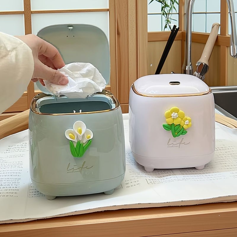 1pc Desktop Trash Can With Lid White Push Open Mini Trash Bin - Image 1