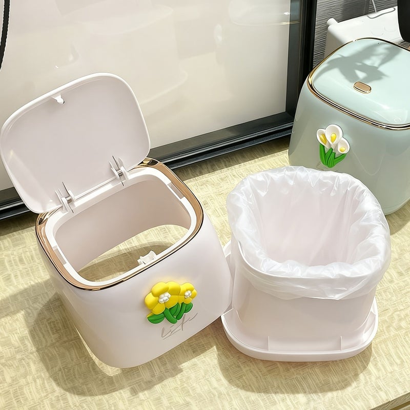 1pc Desktop Trash Can With Lid White Push Open Mini Trash Bin - Image 4
