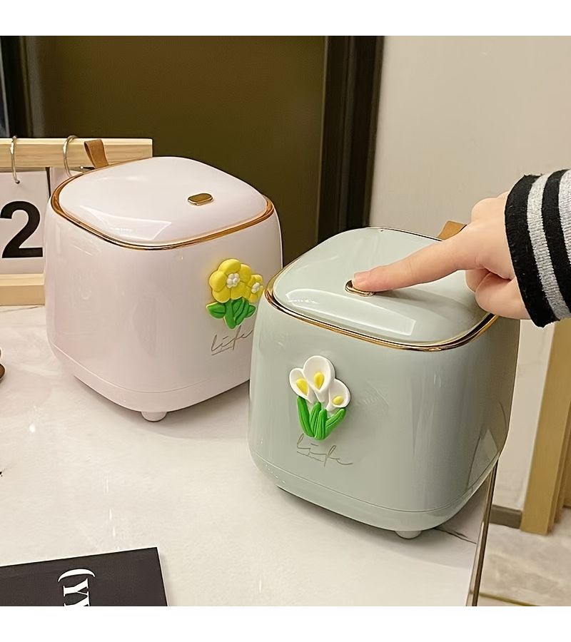 1pc Desktop Trash Can With Lid White Push Open Mini Trash Bin - Image 5