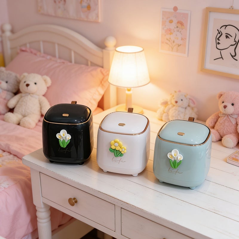 1pc Desktop Trash Can With Lid White Push Open Mini Trash Bin - Image 3