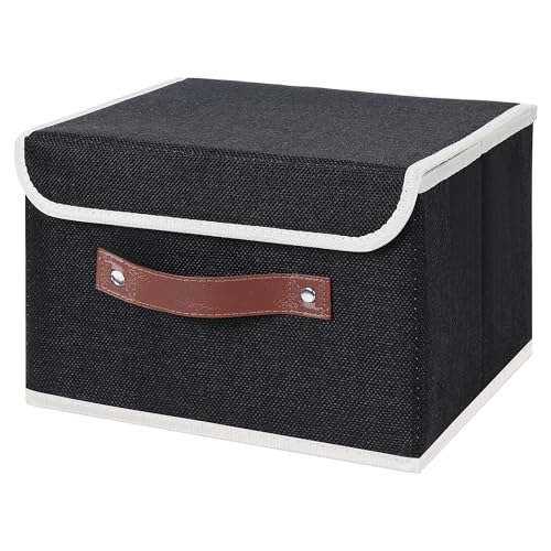ANMINY Storage Bin with Lid Storage Boxes with PU Leather Handles PP Plastic Board Decorative Foldable Lidded Cotton Linen Fabric Home Cubes Baskets Closet Organizer Container Black Small Size - Image 1