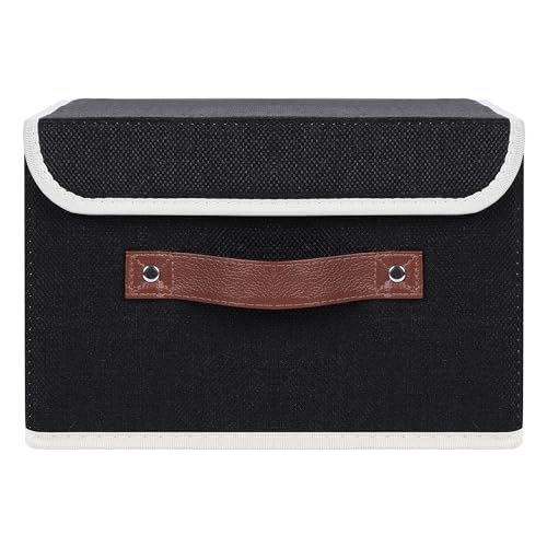 ANMINY Storage Bin with Lid Storage Boxes with PU Leather Handles PP Plastic Board Decorative Foldable Lidded Cotton Linen Fabric Home Cubes Baskets Closet Organizer Container Black Small Size - Image 3