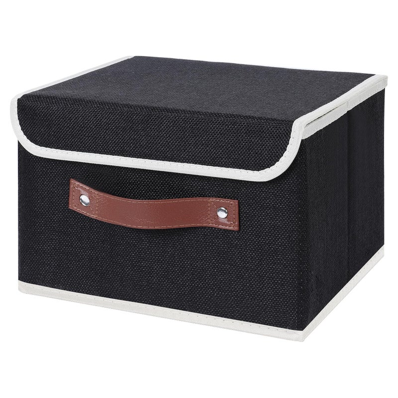 ANMINY Storage Bin with Lid Storage Boxes with PU Leather Handles PP Plastic Board Decorative Foldable Lidded Cotton Linen Fabric Home Cubes Baskets Closet Organizer Container Black Small Size - Image 2
