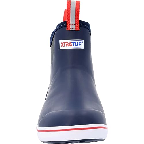 Xtratuf Men's Fishing Rain Watertight Anglers Rubber Chevron Pull Tabs Ankle Deck Boots, Navy & Red, 10 - Image 4