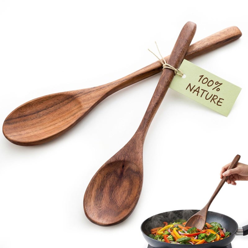 HANSGO Wooden Spoons for Cooking, 2PCS Acacia Wood Kitchen Utensil, 12Inch Wood Serving Spoons for Nonstick Pans, Comfort Grip, Durable, Heat Resistant, Kitchen Gifts for Women, Cooking Gifts for Men - Image 1