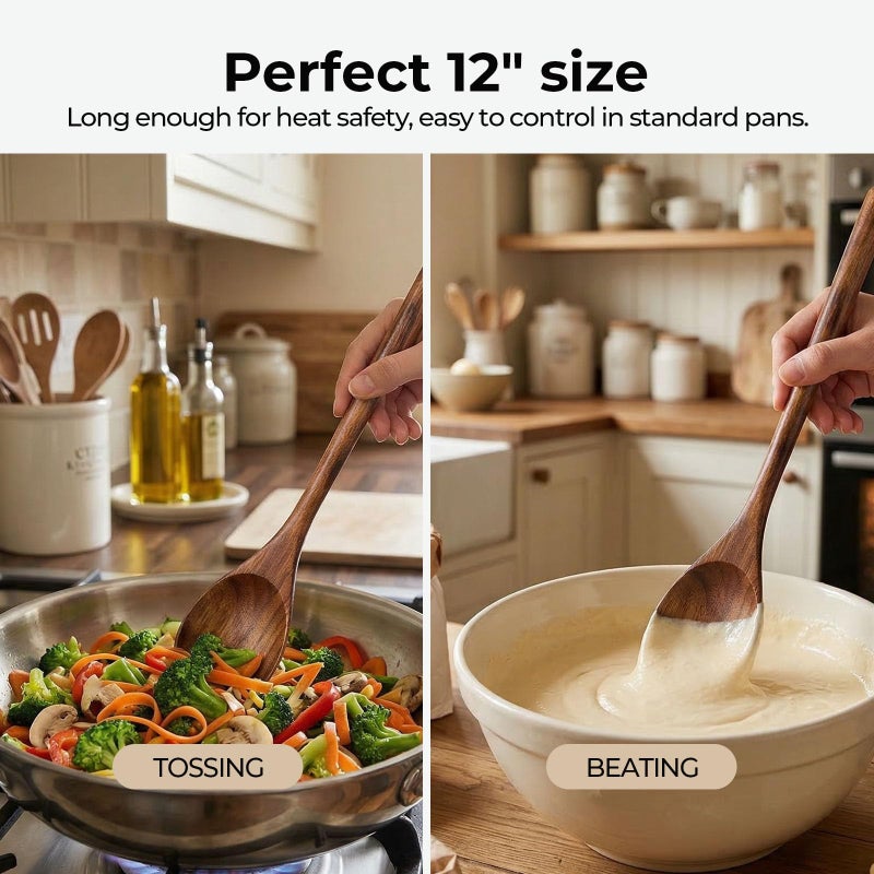 HANSGO Wooden Spoons for Cooking, 2PCS Acacia Wood Kitchen Utensil, 12Inch Wood Serving Spoons for Nonstick Pans, Comfort Grip, Durable, Heat Resistant, Kitchen Gifts for Women, Cooking Gifts for Men - Image 2
