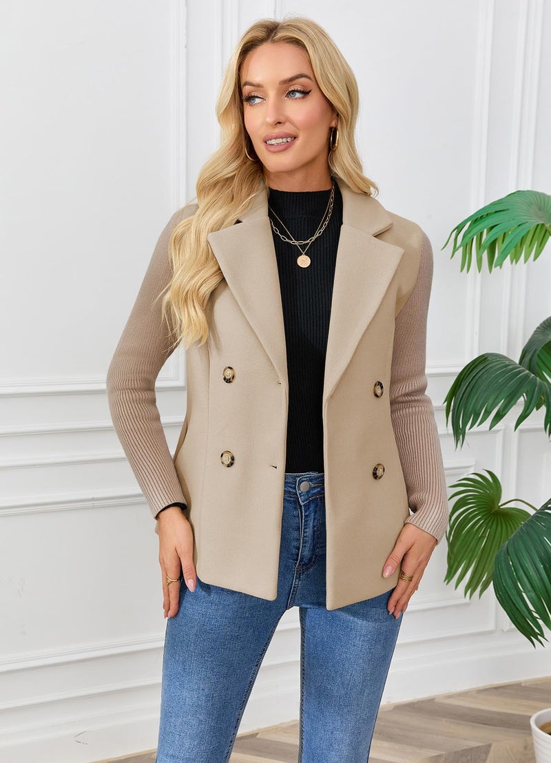 ebossy Women's Double Breasted Wool Pea Coat Notched Lapel Ribbed Knit Long Sleeve Sweater Short Blazer Jacket (S, Khaki) - Image 4