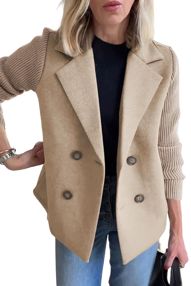 ebossy Women's Double Breasted Wool Pea Coat Notched Lapel Ribbed Knit Long Sleeve Sweater Short Blazer Jacket (S, Khaki) - Image 1