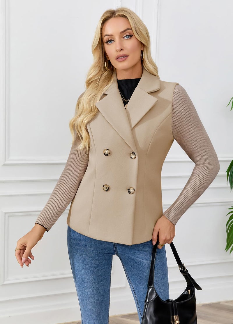 ebossy Women's Double Breasted Wool Pea Coat Notched Lapel Ribbed Knit Long Sleeve Sweater Short Blazer Jacket (S, Khaki) - Image 5