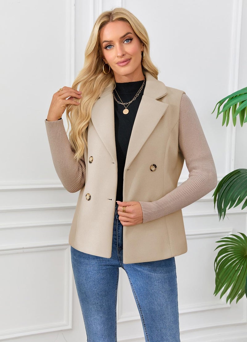 ebossy Women's Double Breasted Wool Pea Coat Notched Lapel Ribbed Knit Long Sleeve Sweater Short Blazer Jacket (S, Khaki) - Image 2