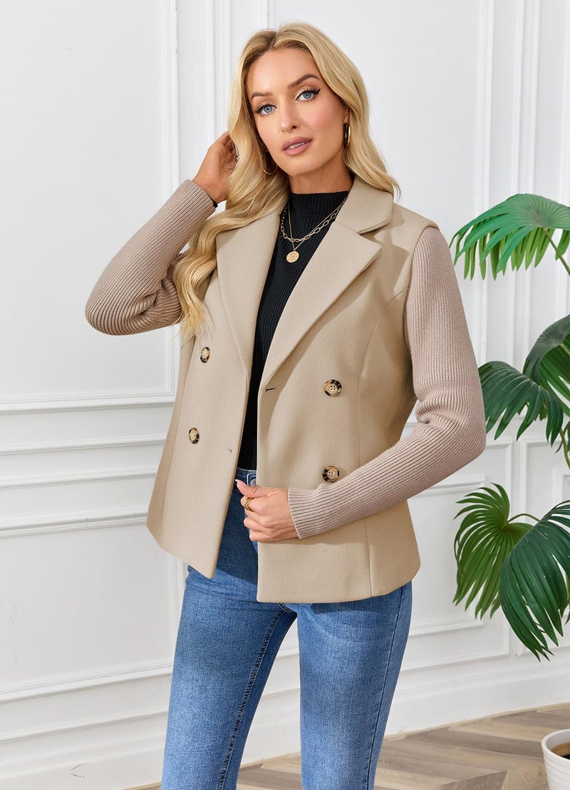 ebossy Women's Double Breasted Wool Pea Coat Notched Lapel Ribbed Knit Long Sleeve Sweater Short Blazer Jacket (S, Khaki) - Image 3