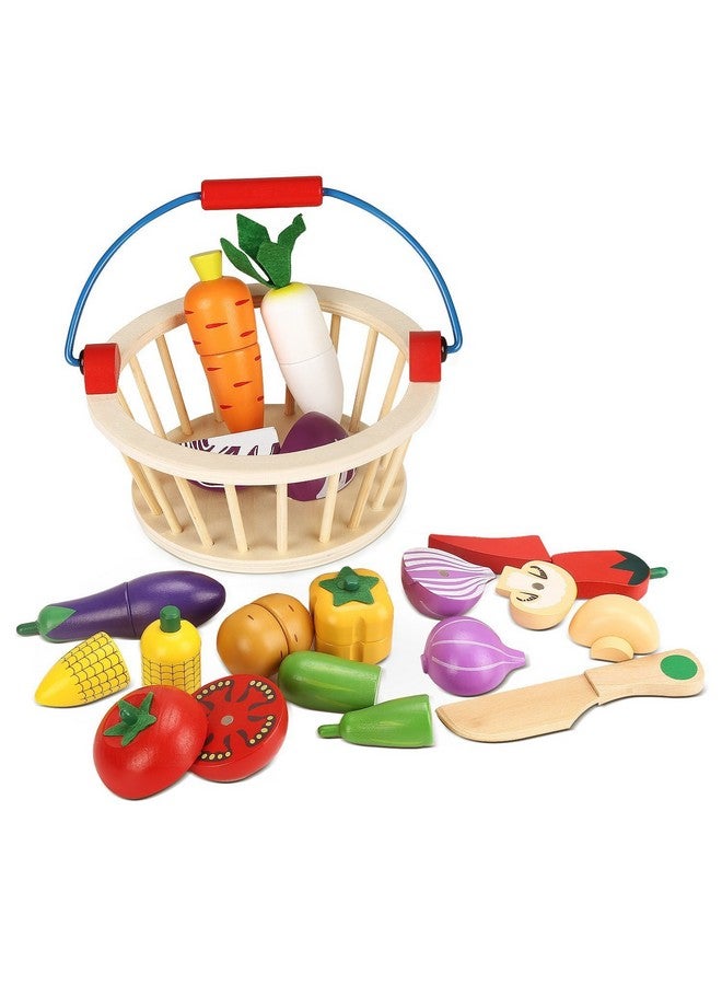 Victostar Magnetic Wooden Cutting Fruits Vegetables Food Play Toy Set with Basket for Kids (Vegetables) - Image 4