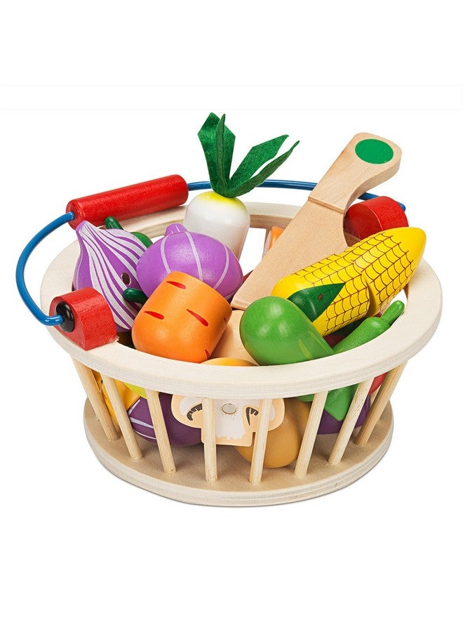 Victostar Magnetic Wooden Cutting Fruits Vegetables Food Play Toy Set with Basket for Kids (Vegetables) - Image 1