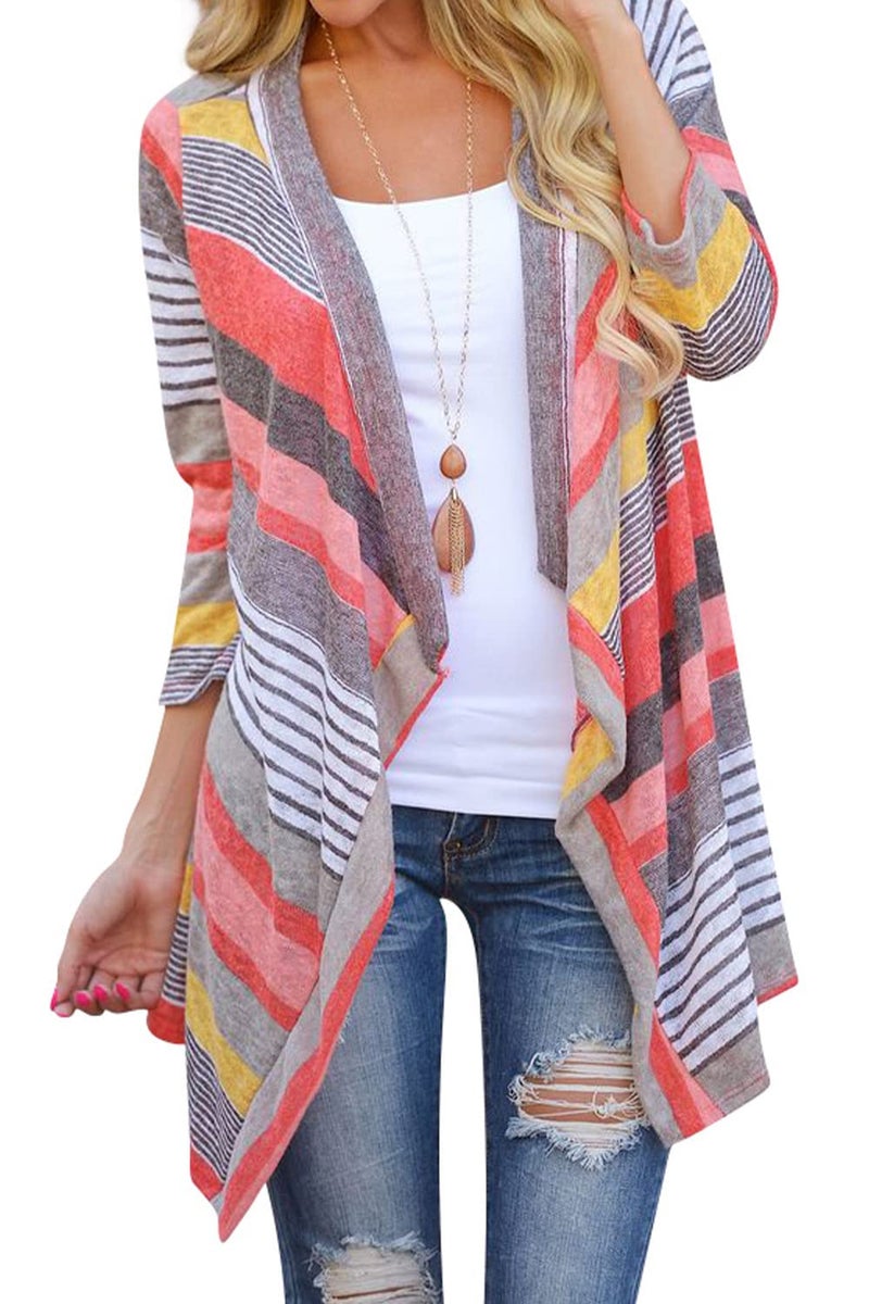DEARCASE Cardigan for Women Lightweight Shawl Sweaters Red Striped Small 3/4 Sleeve Open Front Drape Ladies Kimono Casual Cover Up Shrug Jackets Thin Duster Summer Fall Cardigans - Image 1