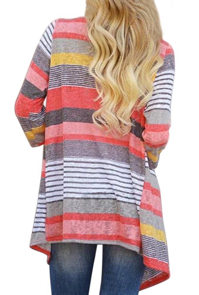 DEARCASE Cardigan for Women Lightweight Shawl Sweaters Red Striped Small 3/4 Sleeve Open Front Drape Ladies Kimono Casual Cover Up Shrug Jackets Thin Duster Summer Fall Cardigans - Image 4
