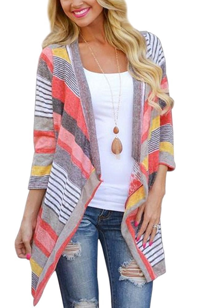 DEARCASE Cardigan for Women Lightweight Shawl Sweaters Red Striped Small 3/4 Sleeve Open Front Drape Ladies Kimono Casual Cover Up Shrug Jackets Thin Duster Summer Fall Cardigans - Image 3